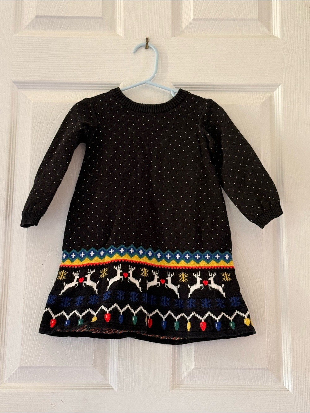Hanna Andersson Black Knit Holiday Reindeer Dress with Colorful Trim